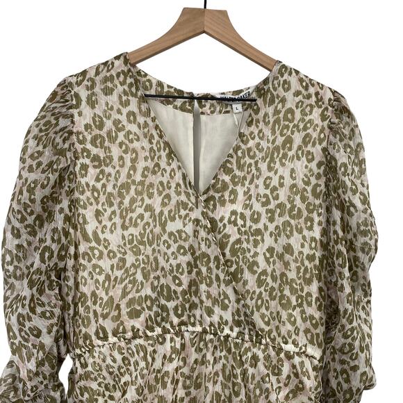 Walter Baker Deena Dress Surplice Faux Wrap Cream Tan Leopard Print NEW Womens L - Picture 5 of 11